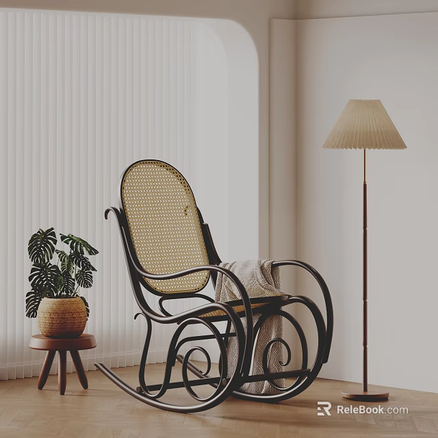 Rattan Leisure Chair with Blanket and Potted Plant Near Floor Lamp in Modern Interior 3d model 