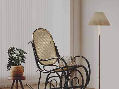 Rattan Leisure Chair with Blanket and Potted Plant Near Floor Lamp in Modern Interior 3d model
