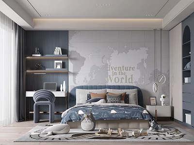 Kids Room Interior With Adventure World Map Blue Bed Bookshelf And Desk 3d model