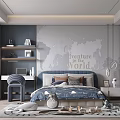 Kids Room Interior With Adventure World Map Blue Bed Bookshelf And Desk