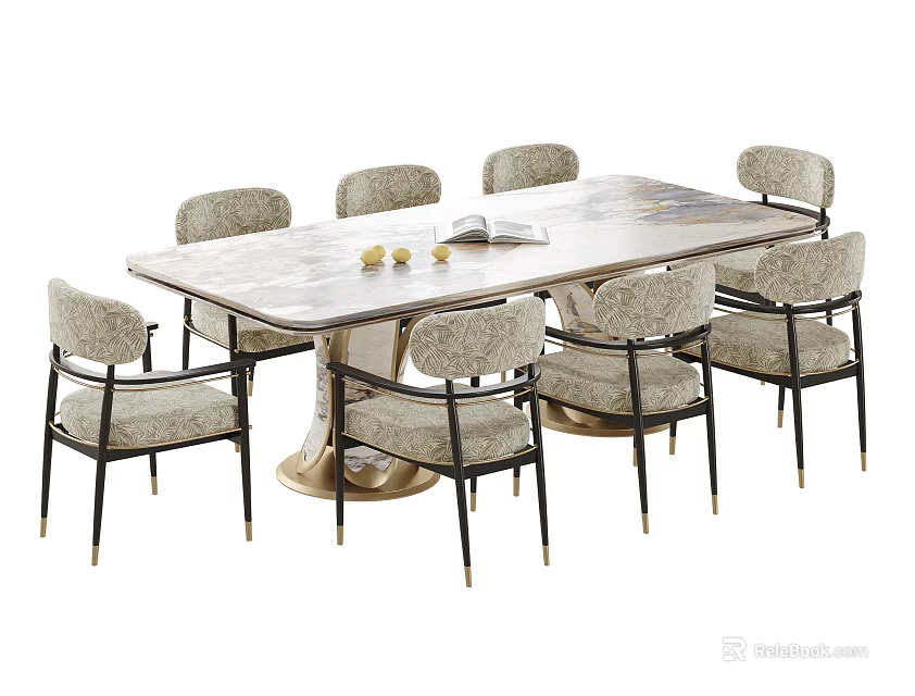 Modern Dining Table And Chairs Set With Marble Top Upholstered Seats And Metal Legs 3d model 
