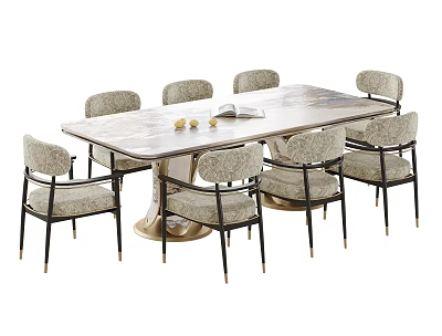 Modern Dining Table And Chairs Set With Marble Top Upholstered Seats And Metal Legs 3d model