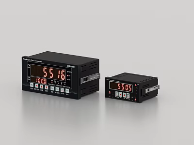 Industrial Digital Display Controllers With Red LED Screens And Black Housing 3d model