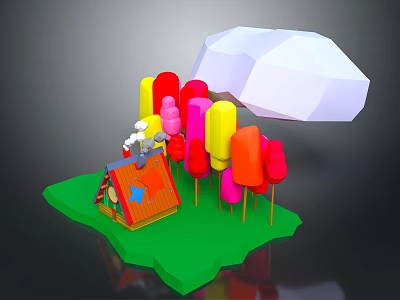 Colorful 3D Cartoon Scene With Mini House Ice Cream Pops And White Umbrella 3d model
