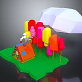 Colorful 3D Cartoon Scene With Mini House Ice Cream Pops And White Umbrella
