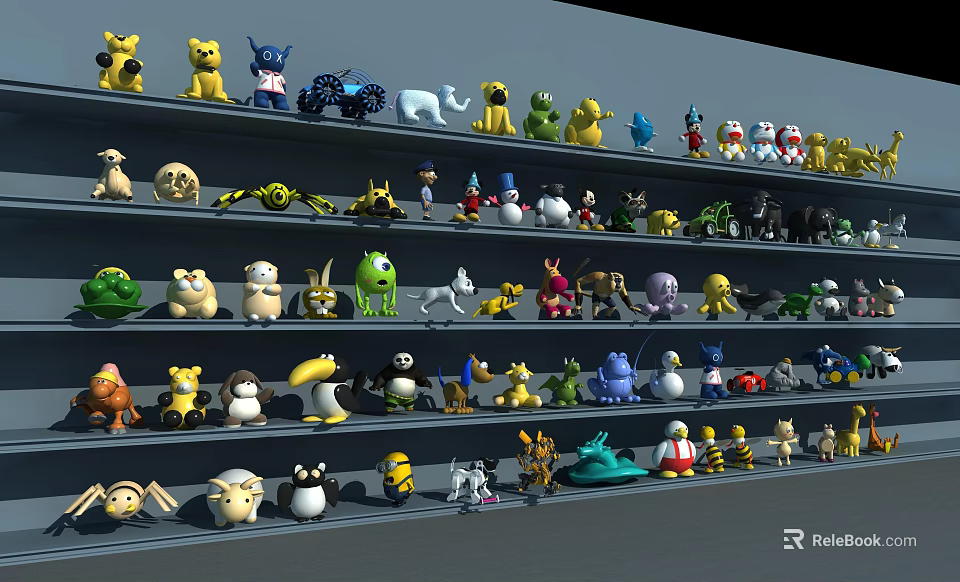 Assorted Stuffed Toys Displayed On Multiple Shelves With Various Colors And Styles 3d model 