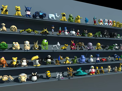 Assorted Stuffed Toys Displayed On Multiple Shelves With Various Colors And Styles 3d model