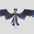 Mythical Woman With Large Blue Wings And Ornate Headdress In Elegant Outfit
