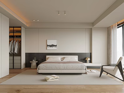 Modern Bedroom Interior With Bed Wardrobe Painting Nightstand Chair And Wooden Floor 3d model