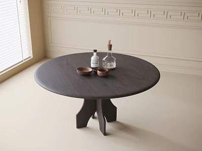 Black Round Wooden Dining Table With Small Cups Glass Bottle Near Window Decorative Wall Molding 3d model