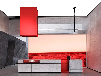 Modern Shop Front Desk With Red Counter And Large Red Landscape Backdrop In Minimalist Interior 3d model