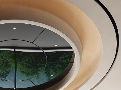 Modern Circular Ceiling Design With Glass Window Green Landscape And Recessed Lights 3d model