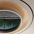 Modern Circular Ceiling Design With Glass Window Green Landscape And Recessed Lights