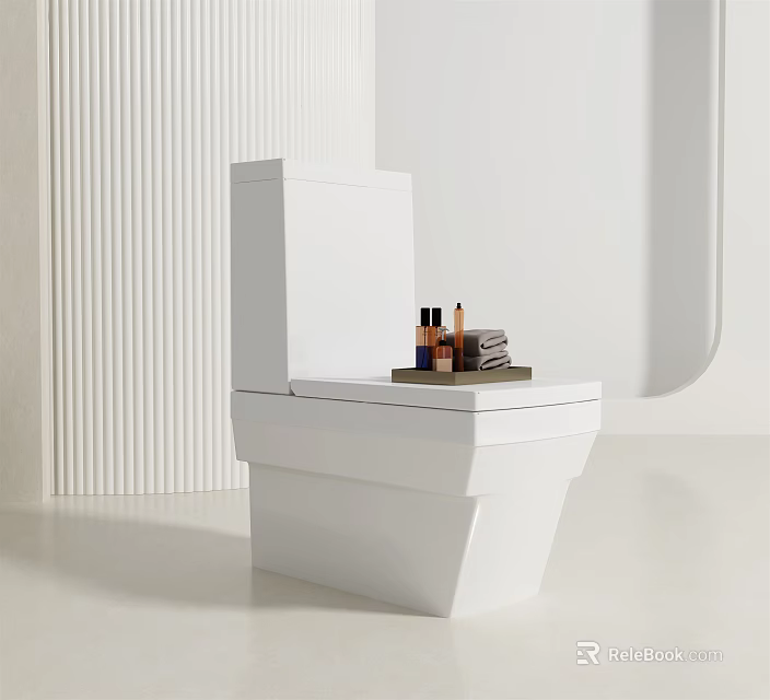 Modern White Toilet Design With Small Items On Lid And Minimalist Wall Texture 3d model 