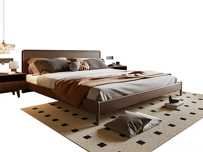 Modern Wooden Double Bed with Gray Brown Pillows Bedside Lamps and Checkered Carpet 3d model