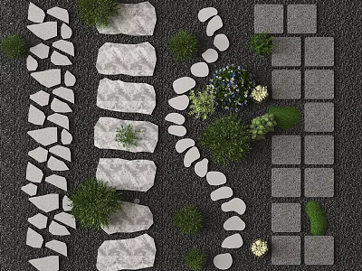 Natural Stepping Stones Garden Path Design With Green Plants And Stone Paving 3d model
