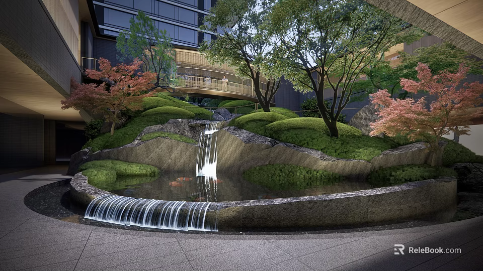 Tranquil Garden Landscape Featuring Rockery Waterfall Koi Pond Red Maple Green Trees and Modern Backdrop 3d model 