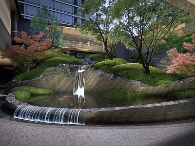 Tranquil Garden Landscape Featuring Rockery Waterfall Koi Pond Red Maple Green Trees and Modern Backdrop 3d model