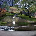 Tranquil Garden Landscape Featuring Rockery Waterfall Koi Pond Red Maple Green Trees and Modern Backdrop