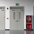 White Safety Exit Doors With Green Indicator Lights And Fire Hydrant Cabinet Indoor