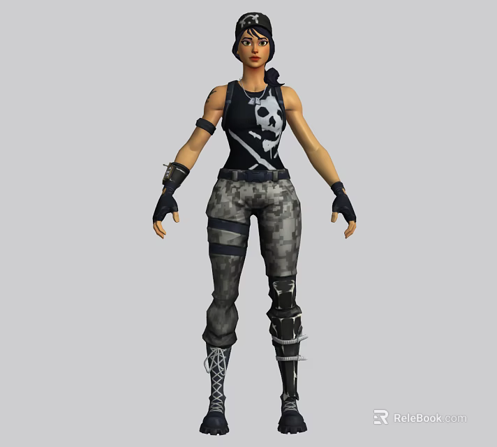 Game Movie Character In Black Sleeveless Vest With Skull Pattern Camouflage Pants And Knee Pads 3d model 