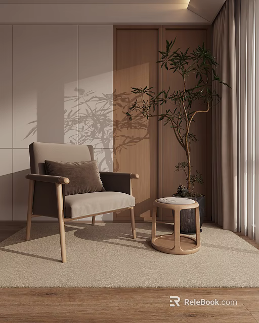 Beige Accent Chair With Wooden Arms And Round Side Table Near Tall Potted Plant In Bright Room 3d model 