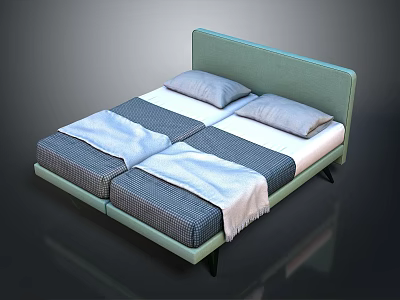 Modern Bed Design Featuring Light Green Headboard Blue White Checkered Mattress And Pillows 3d model