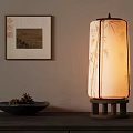 Traditional Chinese Table Lamp With Wooden Base Landscape Shade And Framed Artwork On Cabinet