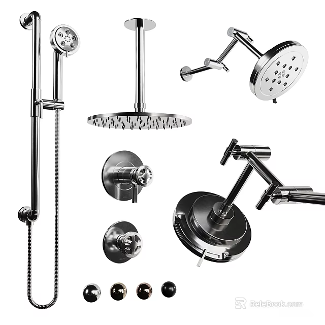 Chrome Finish Shower Head System With Handheld Sprayer And Control Knobs 3d model 