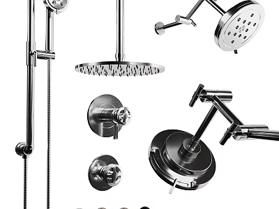 Chrome Finish Shower Head System With Handheld Sprayer And Control Knobs 3d model