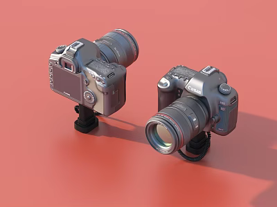 Two Professional Digital Cameras with Lenses on Stands Against Red Background 3d model