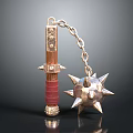 Medieval Flail Weapon With Wooden Handle Red Grip Metal Chain And Spiked Ball