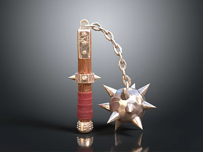 Medieval Flail Weapon With Wooden Handle Red Grip Metal Chain And Spiked Ball 3d model