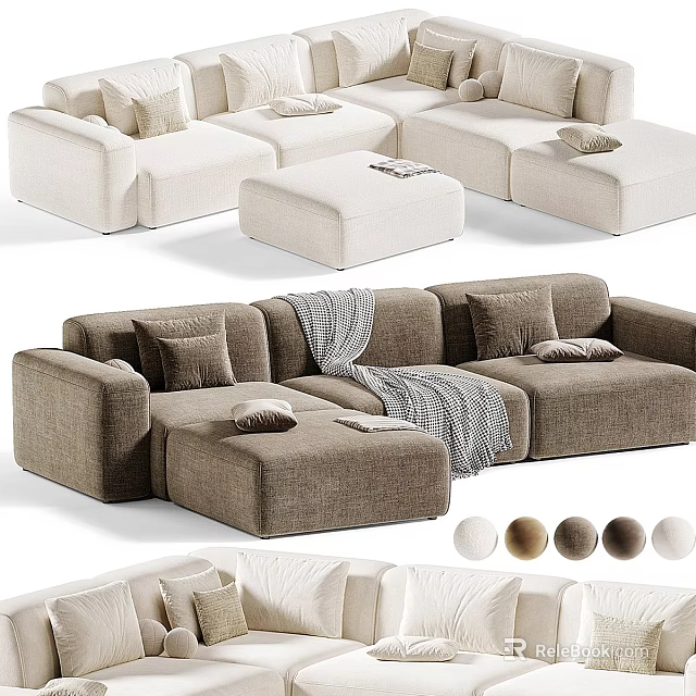 Large Sectional Sofa With Pillows Throw Blanket And Ottoman In Beige Brown Colors 3d model 