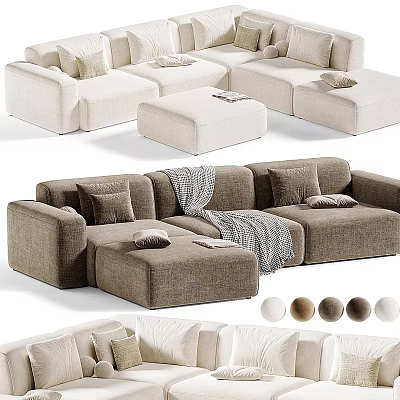Large Sectional Sofa With Pillows Throw Blanket And Ottoman In Beige Brown Colors 3d model