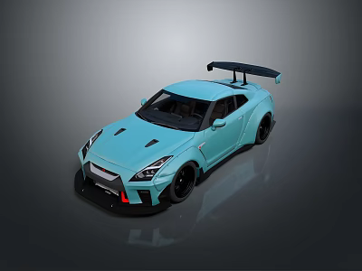 Light Blue Nissan GTR Sports Car With Rear Spoiler And Black Wheels 3d model