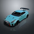 Light Blue Nissan GTR Sports Car With Rear Spoiler And Black Wheels