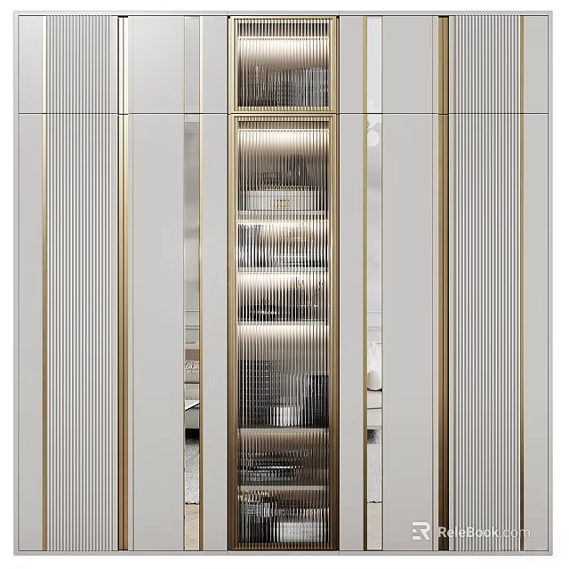 Elegant Modern Bookcase Design With Glass Doors Gold Frames And Layered Storage Shelves 3d model 