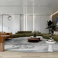 Modern Conference Room Interior With Green Sofas Orange Armchair Round Carpet And TV Screen