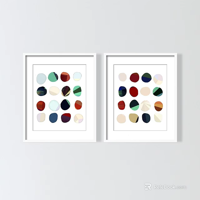 White Framed Abstract Paintings With Colorful Circular Shapes Displayed On Light Colored Wall 3d model 