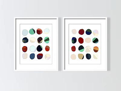 White Framed Abstract Paintings With Colorful Circular Shapes Displayed On Light Colored Wall 3d model