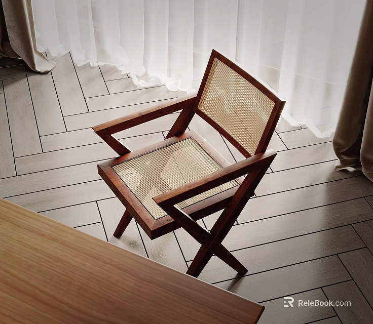 Modern Accent Chair With Wooden Frame And Rattan Seat On Herringbone Wood Flooring 3d model 