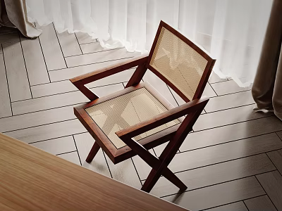 Modern Accent Chair With Wooden Frame And Rattan Seat On Herringbone Wood Flooring 3d model