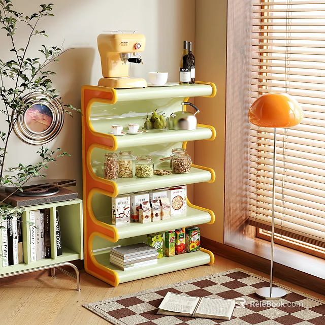 Green Orange Sideboard With Coffee Maker And Jars In Bright Room With Plant Mirror Lamp 3d model 