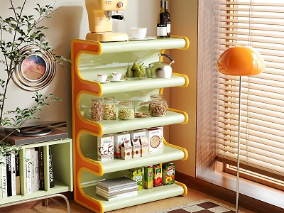 Green Orange Sideboard With Coffee Maker And Jars In Bright Room With Plant Mirror Lamp 3d model