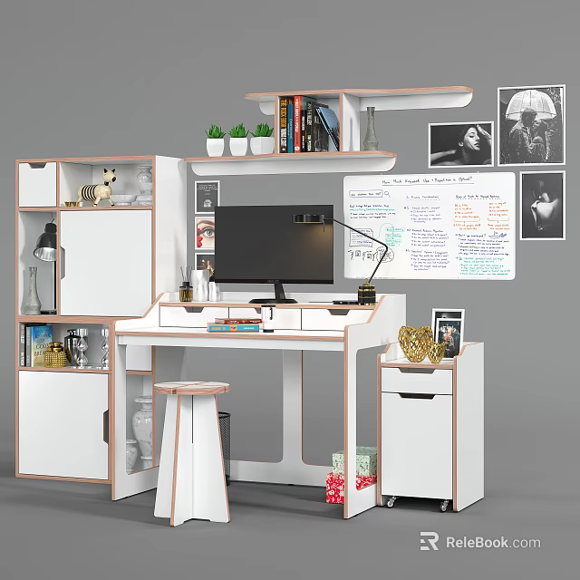 Modern Desk Setup With Computer Monitor Lamp Bookshelf Green Plants Whiteboard Photos And Decorations 3d model 