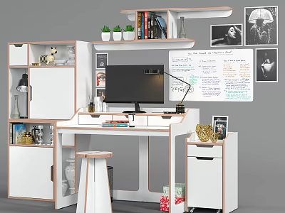 Modern Desk Setup With Computer Monitor Lamp Bookshelf Green Plants Whiteboard Photos And Decorations 3d model