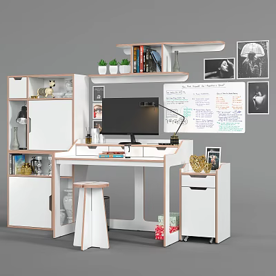 Modern Desk Setup With Computer Monitor Lamp Bookshelf Green Plants Whiteboard Photos And Decorations 3d model