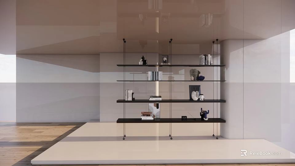 Modern Glass Bookshelf With Open Shelves Holding Books And Decorative Items 3d model 