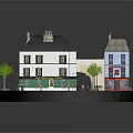 Traditional European Buildings With White Blue Facades Sloped Roofs Outdoor Seating And Street Scene